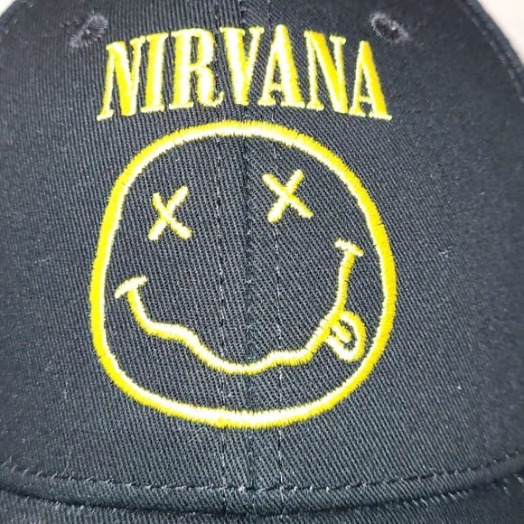 Nirvana Embroidered Smiley Black Cotton Adjustable Baseball Cap Unisex NWOT - Picture 5 of 13